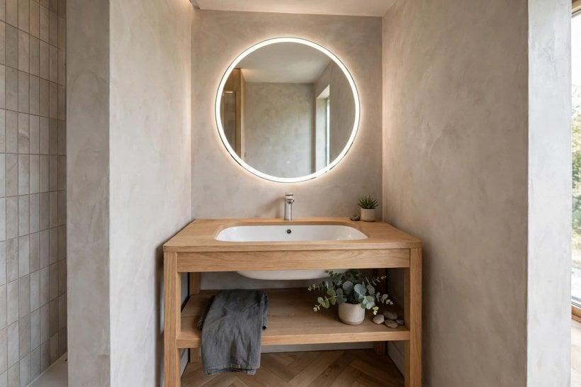 small bathroom vanity: corner vanity with round mirror