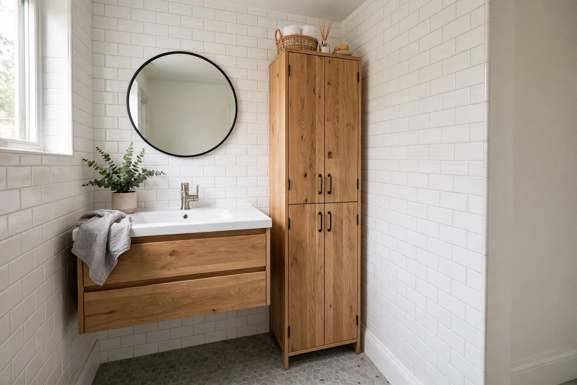 small bathroom vanity: vanity with baskets and towels