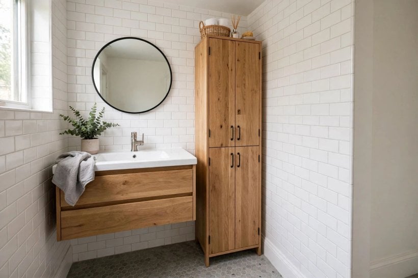 small bathroom vanity: vanity with baskets and towels