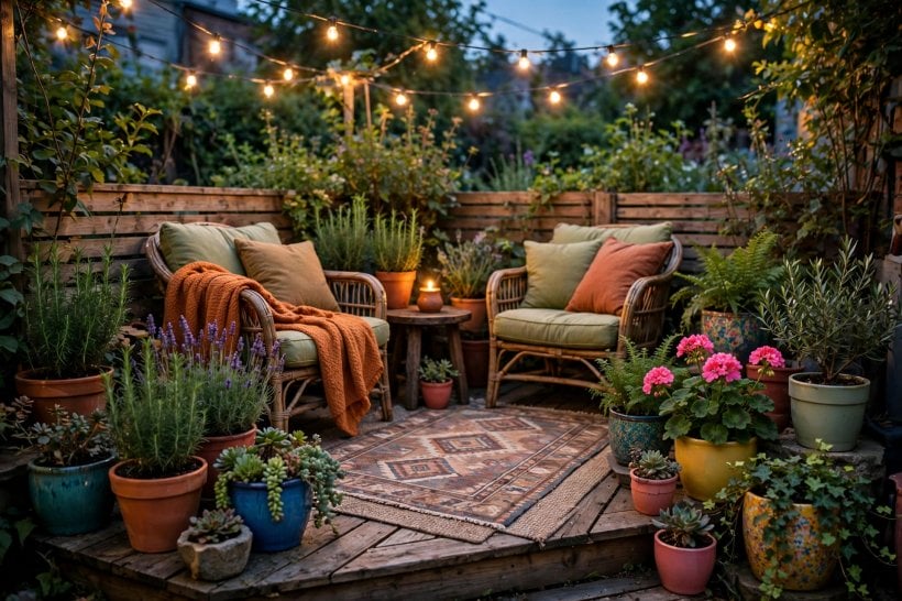 small gardens: a cosy seating corner with shade and cushions