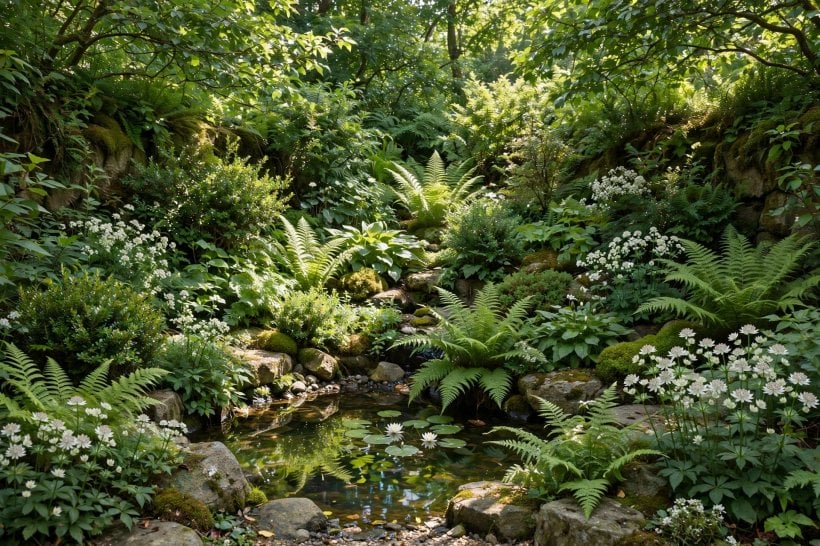 small gardens: soft evening lighting along a garden path