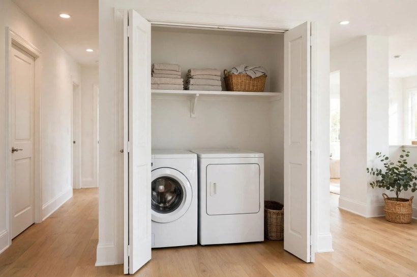 small laundry room ideas: stacked washer and dryer beside a utility sink