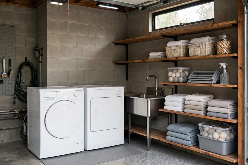 small laundry room ideas: upper cabinets and open shelves over a folding counter