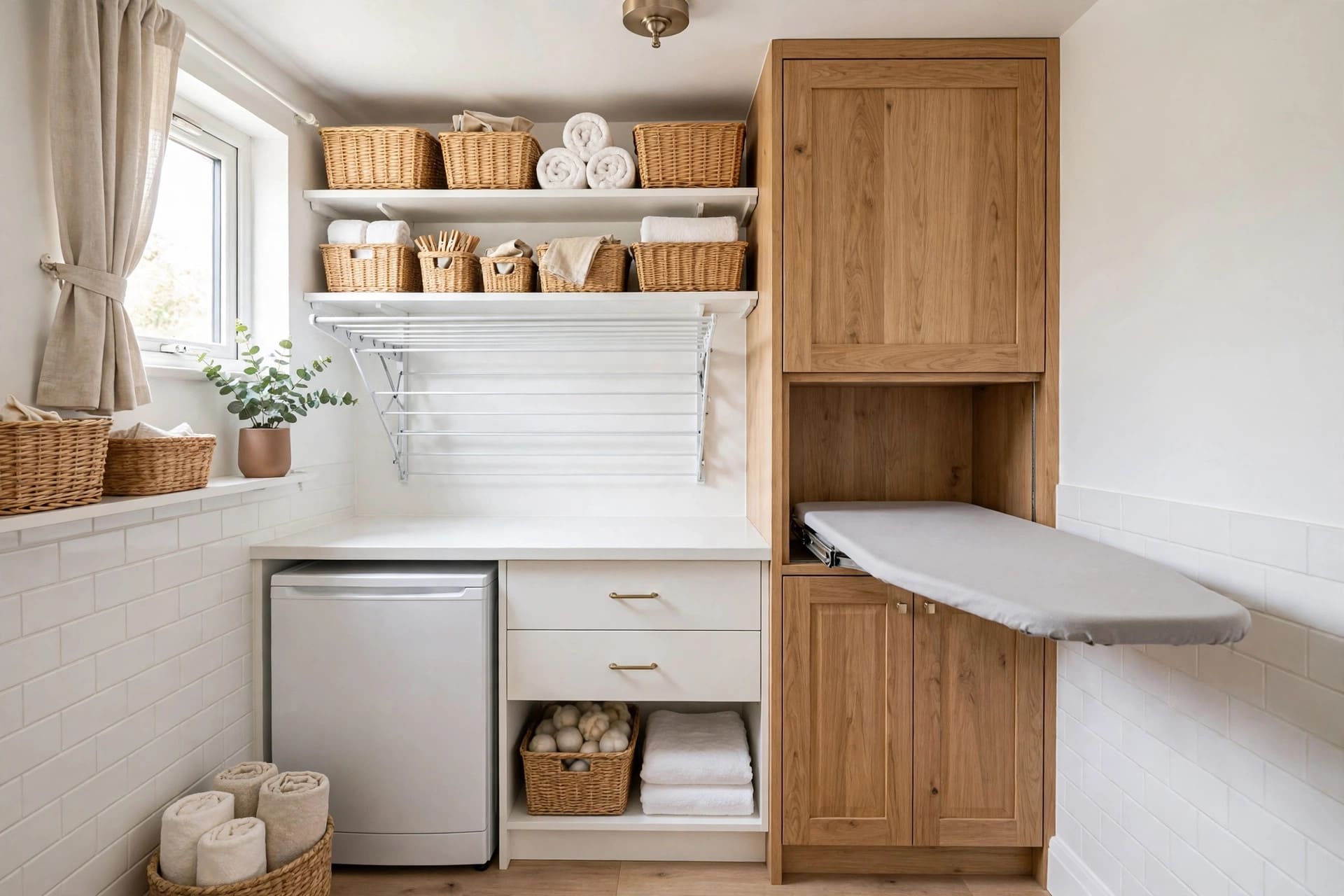 small laundry room ideas: pull-out drying rack and wall hooks for hangers