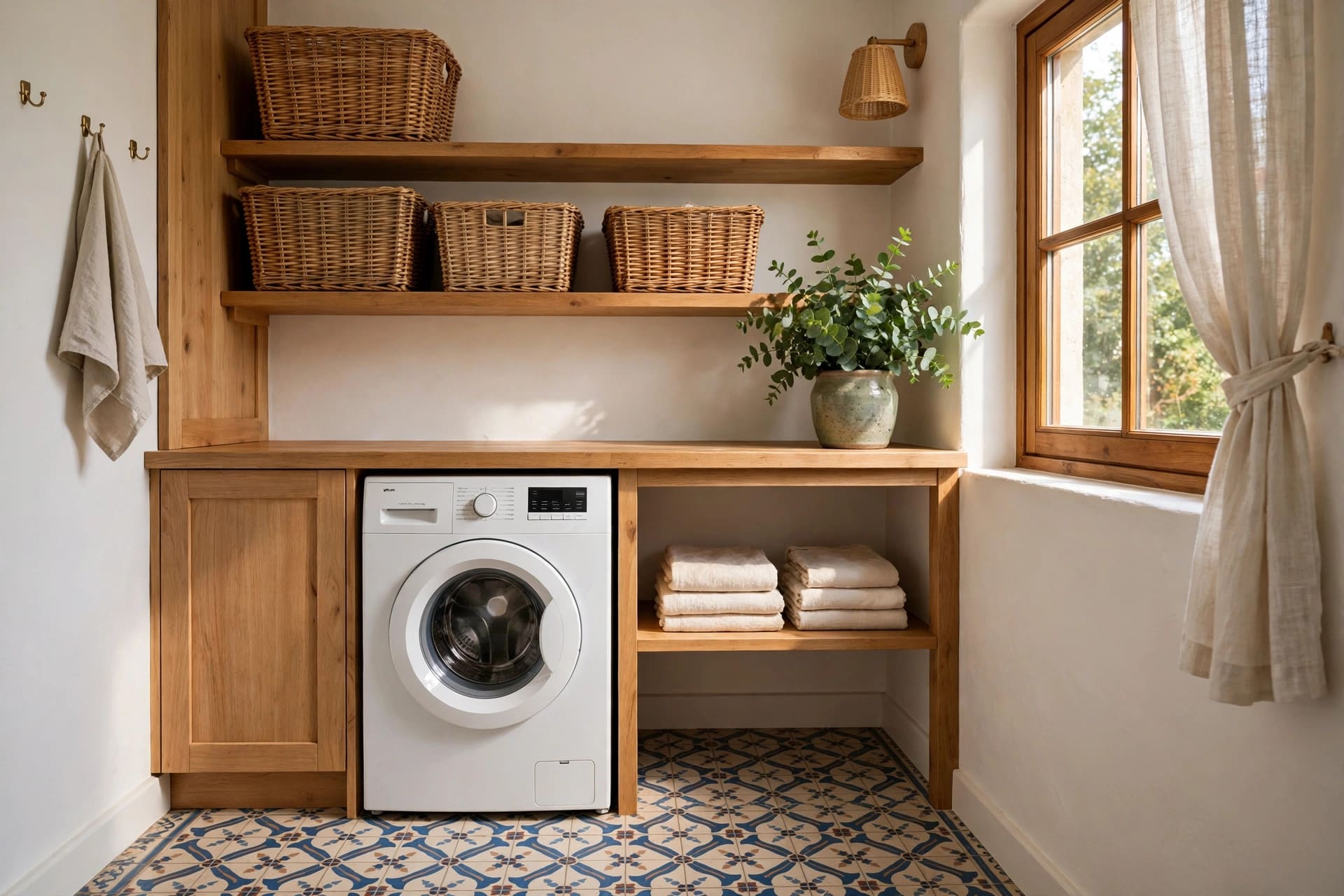 small laundry room ideas: woven sorting baskets on shelves with labelled jars