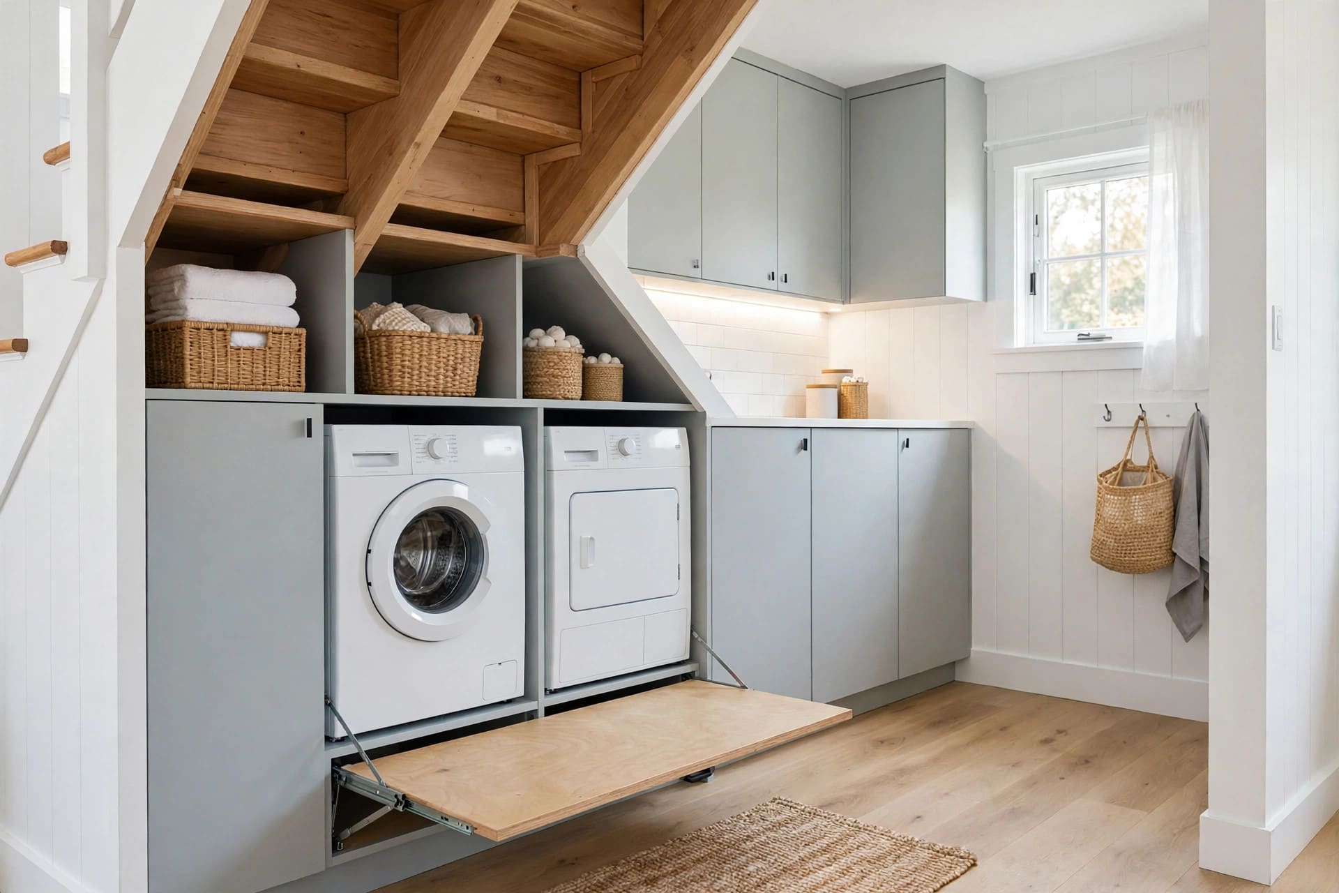 small laundry room ideas: bright laundry nook with task lighting and a pocket door