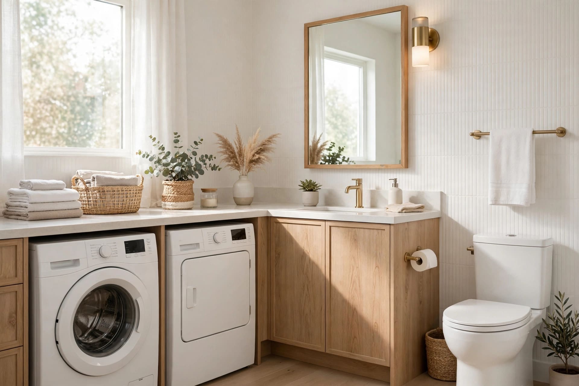 small laundry room ideas: mudroom bench with cubbies sharing space with laundry