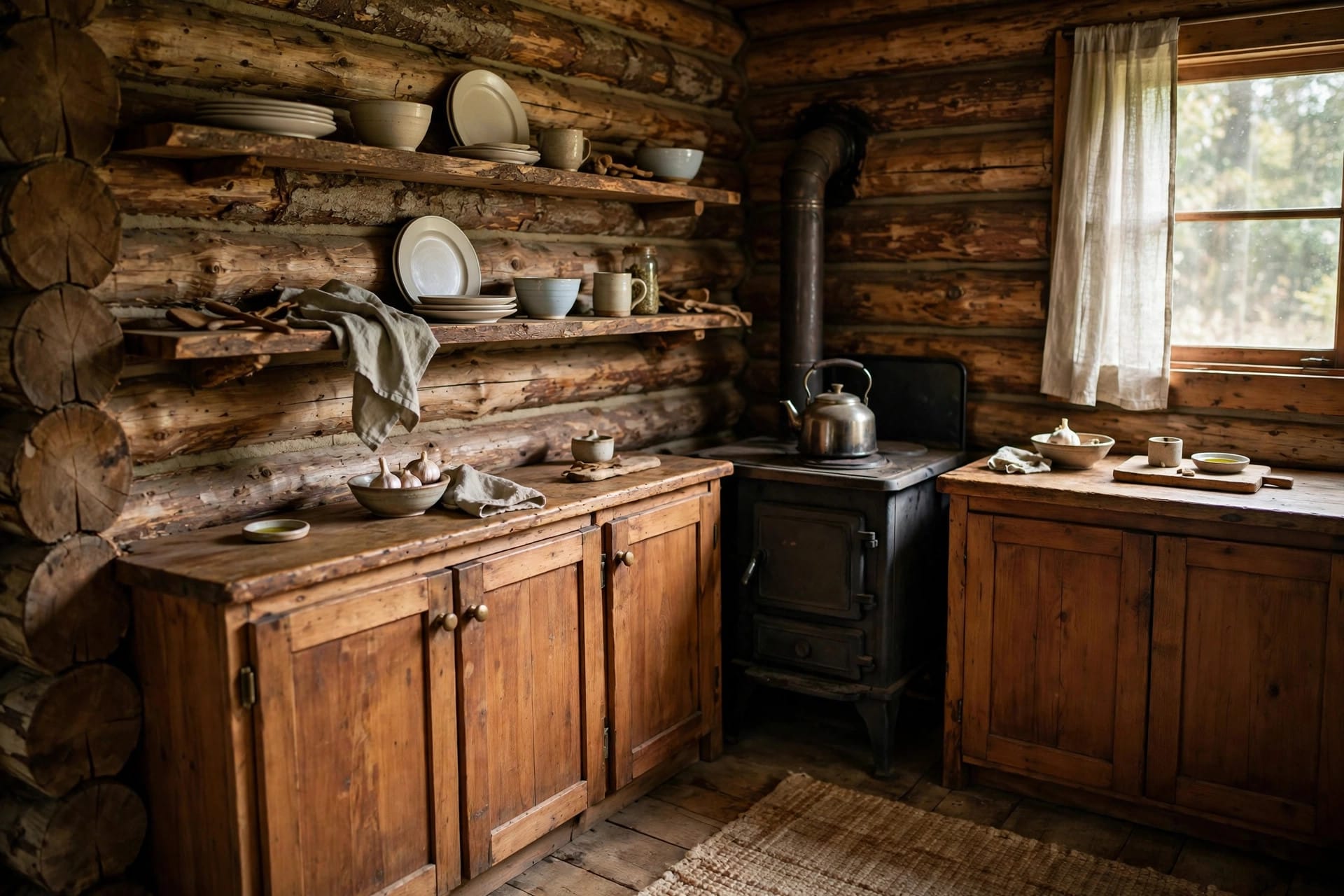 small log cabin interiors: open-plan living zone with rug and slim sofa