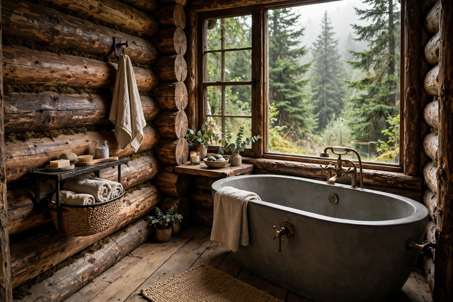 small log cabin interiors: compact kitchen run against log walls