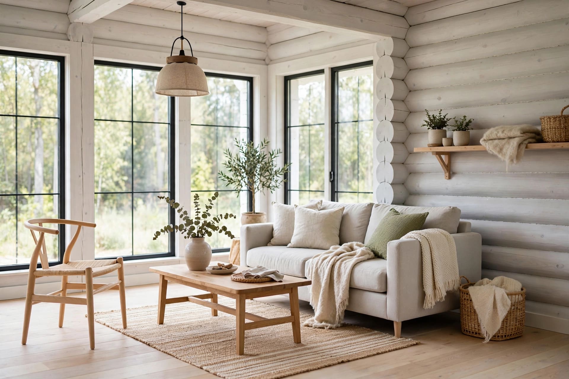 small log cabin interiors: honey-toned logs with pale chinking lines
