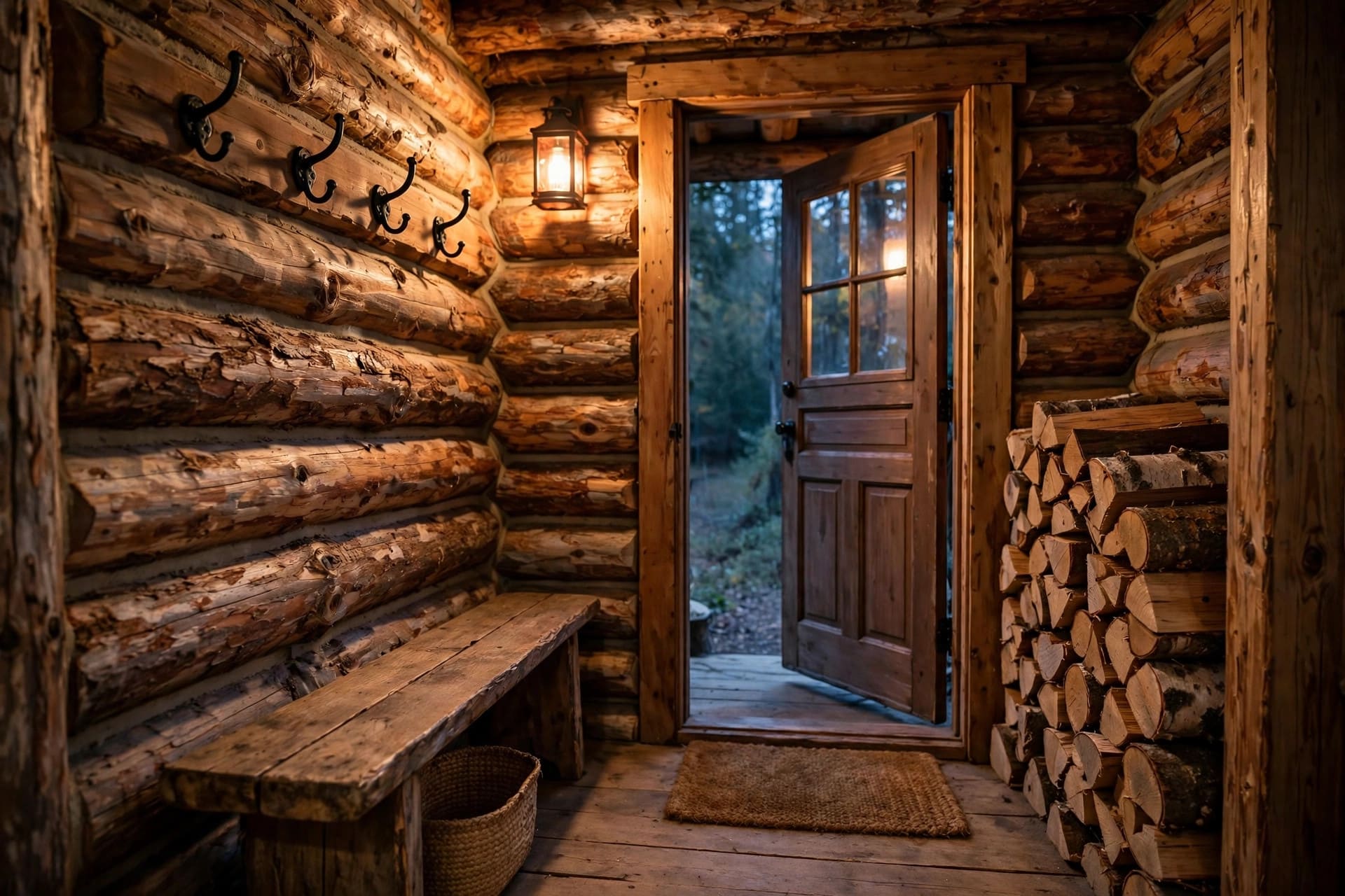small log cabin interiors: cream and sage textiles softening timber walls