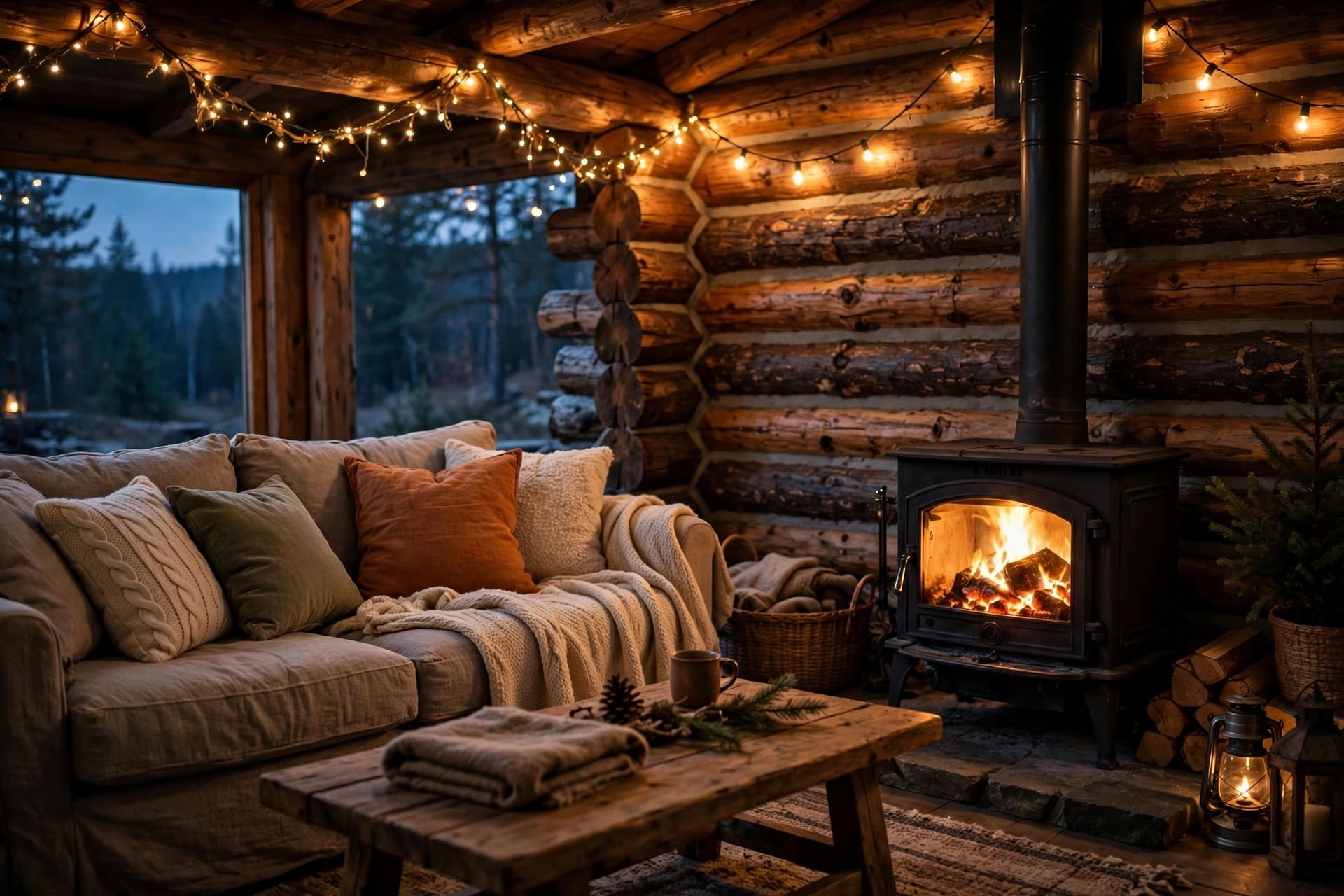 small log cabin interiors: window seat with storage and neat shelving