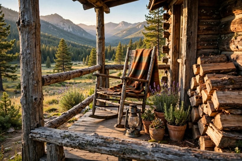 small rustic cabins: open-plan living area with exposed timber beams and a wood stove