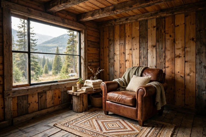 small rustic cabins: compact galley kitchen with open shelving and a farmhouse sink