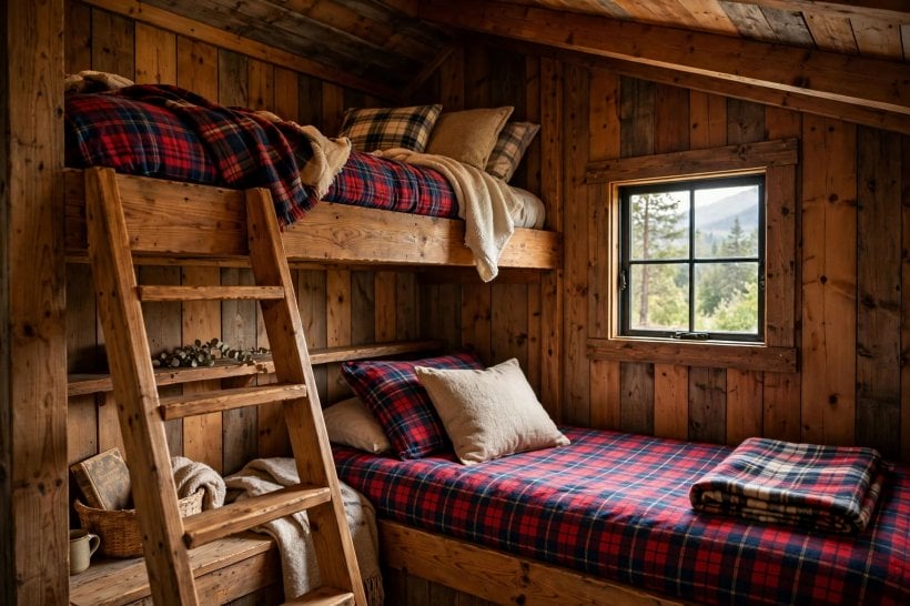 small rustic cabins: sleeping loft with a low bed, wool blankets and a small window