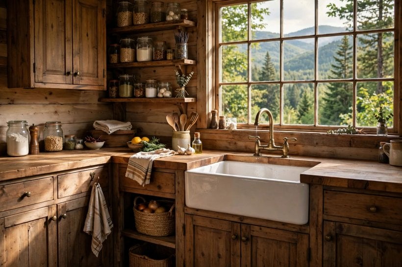 small rustic cabins: cosy seating corner with layered textiles and warm lamplight