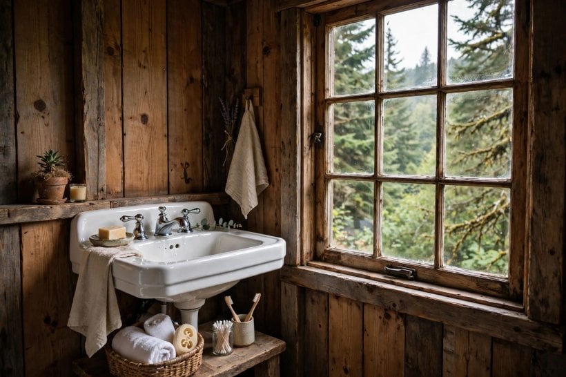 small rustic cabins: covered porch with rocking chairs looking over trees