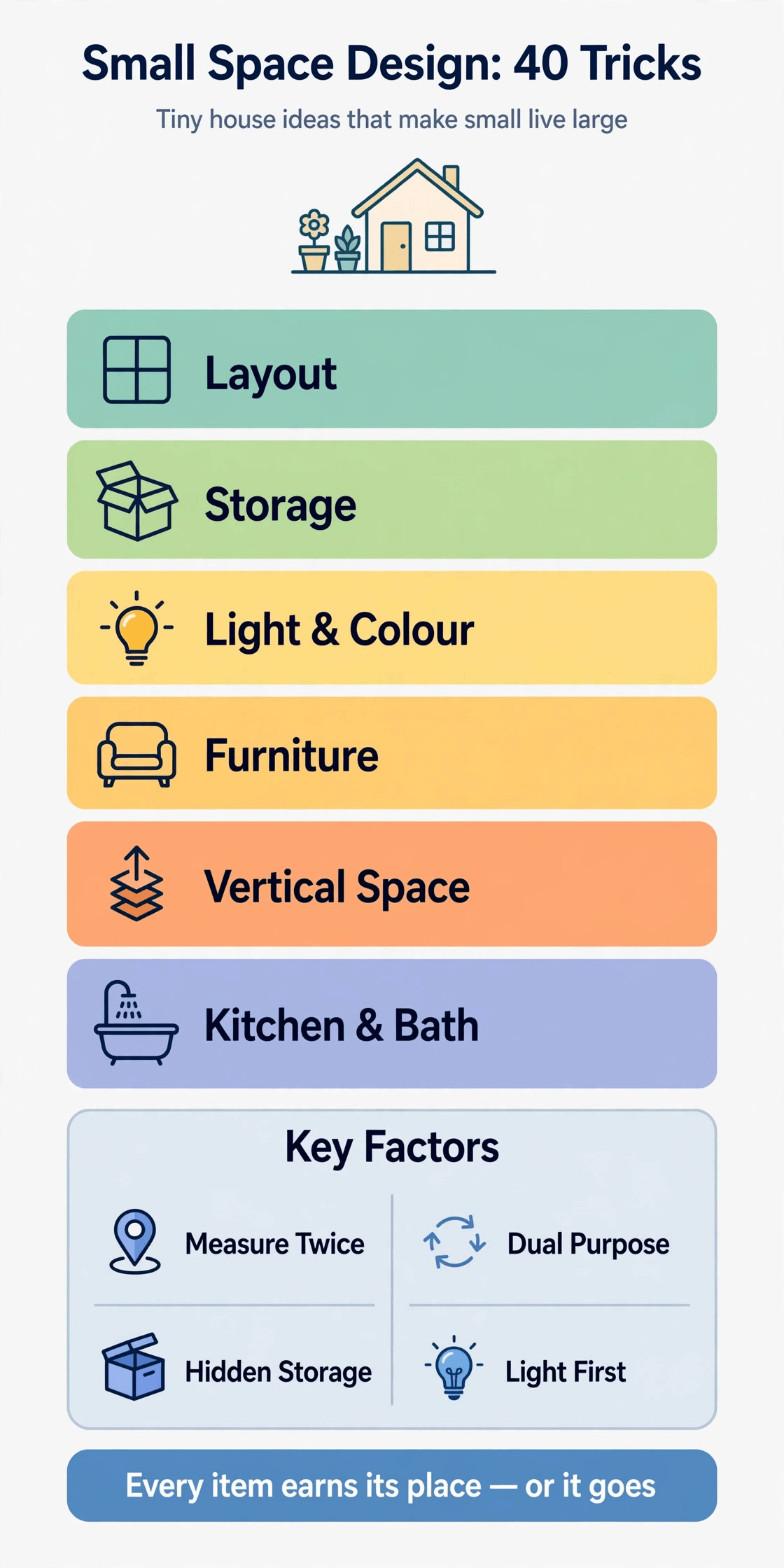 Small space interior design ideas infographic — six space-saving trick groups for tiny homes