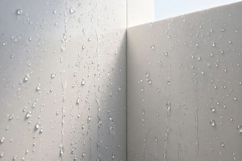 solid surface tub surround: smooth full-height wall panels in a bright shower