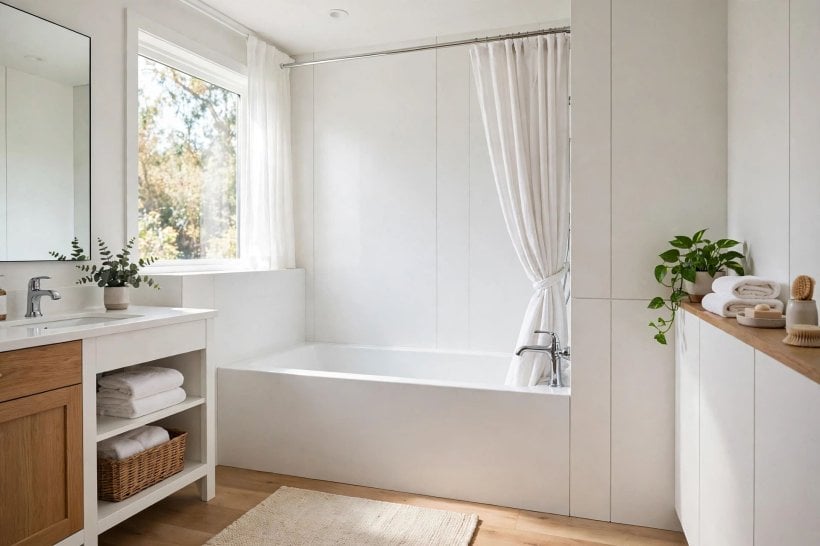 solid surface tub surround: prepared waterproofed wall ready for panel fitting