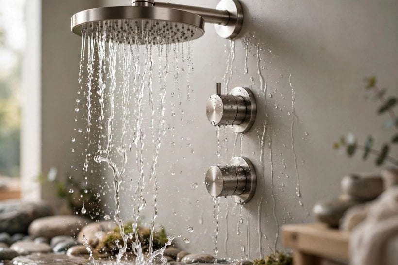 solid surface tub surround: large panel being offered up to the shower wall