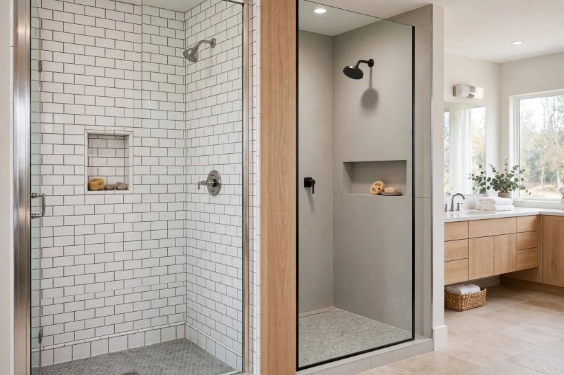 solid surface tub surround: finished enclosure with stone-effect panels and black fittings