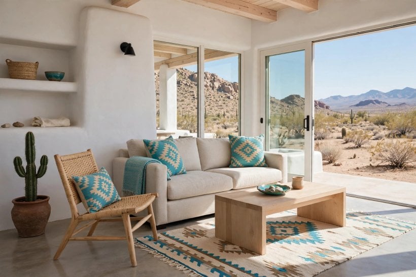 southwest living: low, wide seating gathered around a woven rug