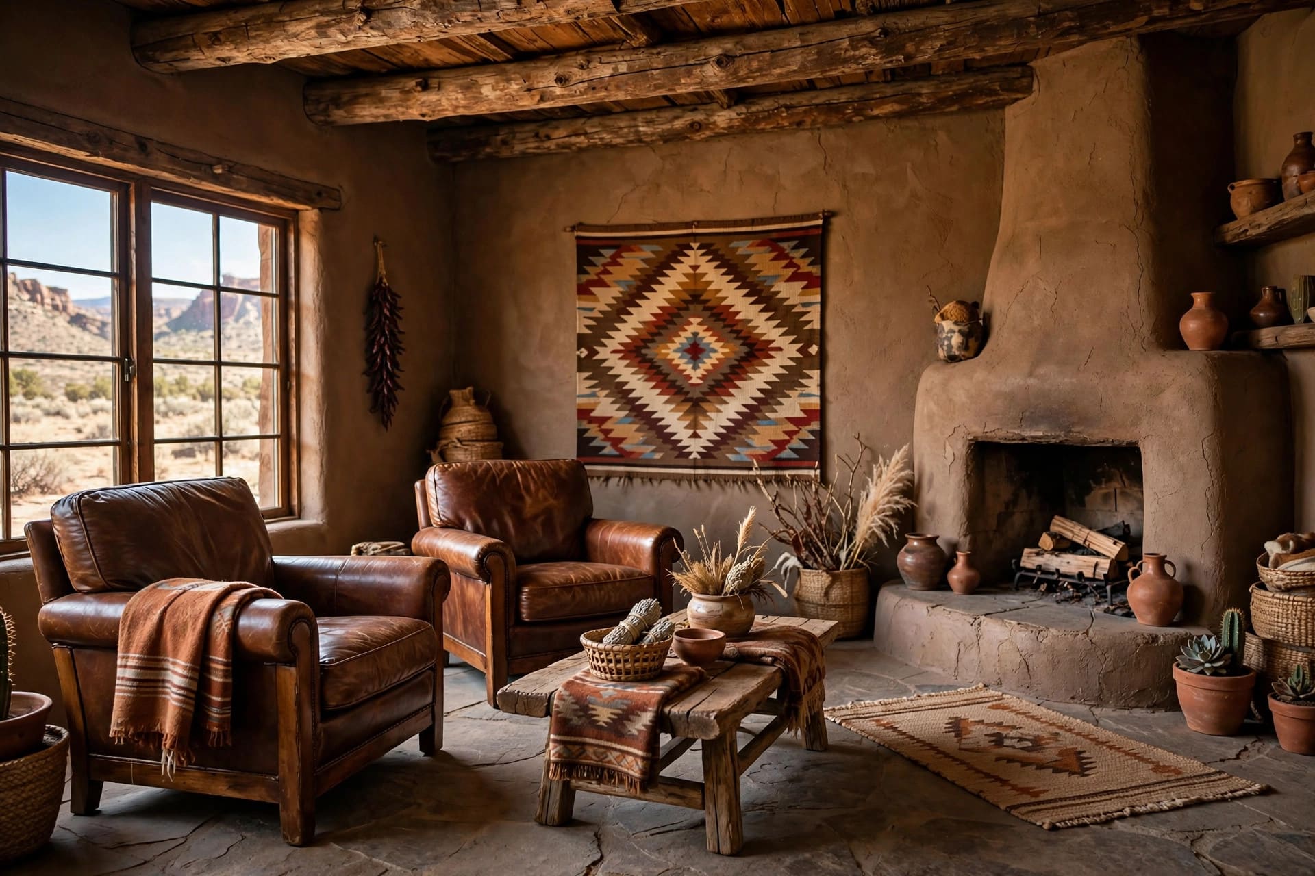 southwest living: terracotta walls with turquoise accents and warm timber