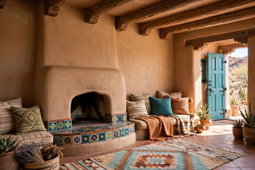 southwest living: geometric woven rugs with striped blankets over the sofa