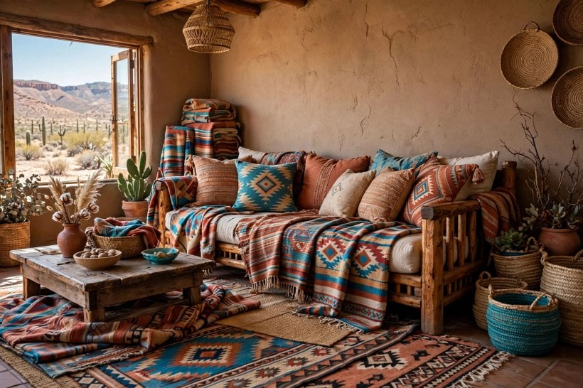 southwest living: chunky timber table with clay pots and woven baskets