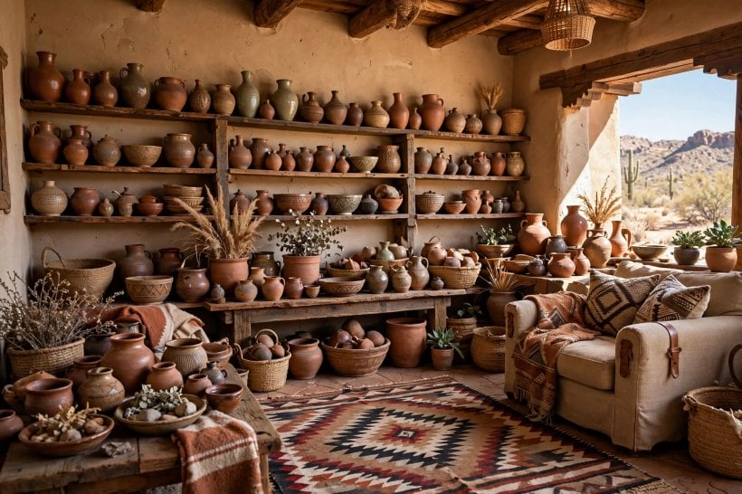 southwest living: shaded lamps and lanterns glowing against terracotta walls