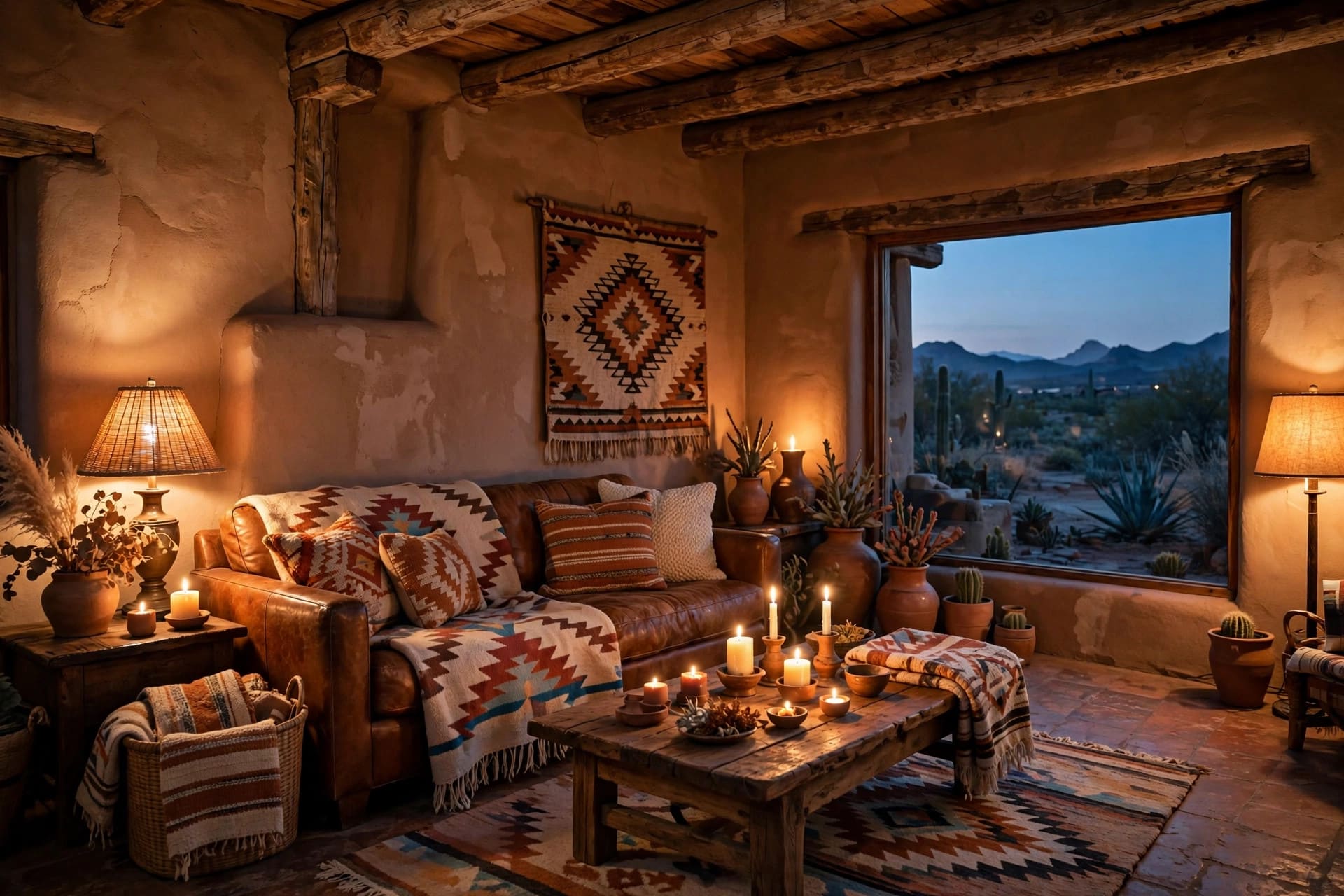 southwest living: a small lounge with pale walls and one geometric rug