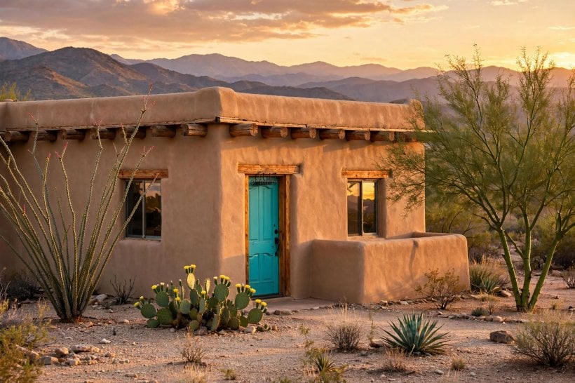 southwestern house: adobe walls and a shaded entry