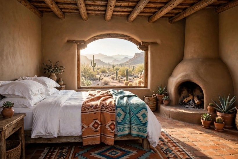 southwestern house: calm bedroom in clay and cream