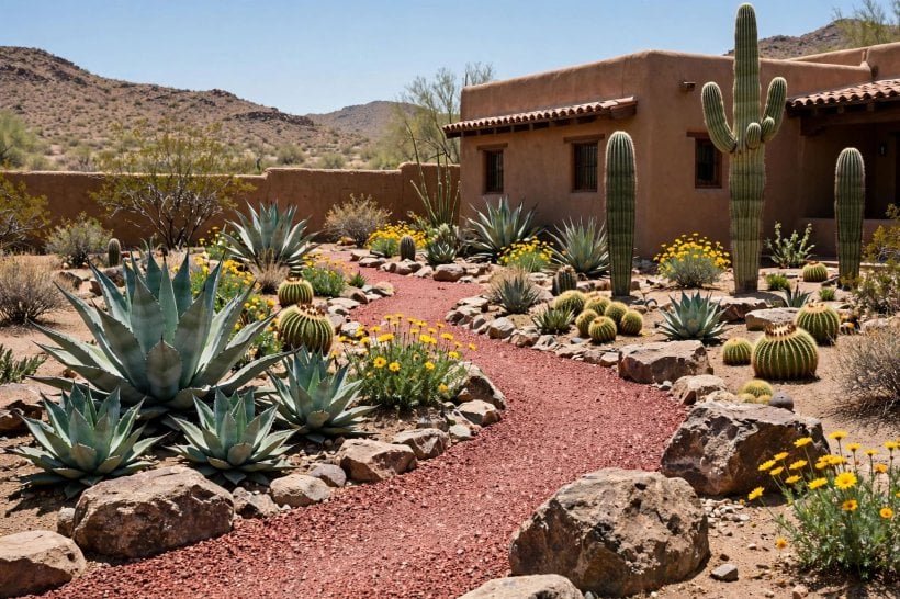 southwestern house: tiled bathroom in warm neutrals