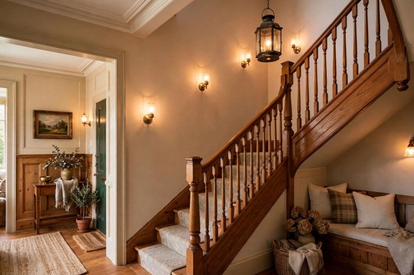 stair lighting indoor: warm wall sconces climbing a staircase wall