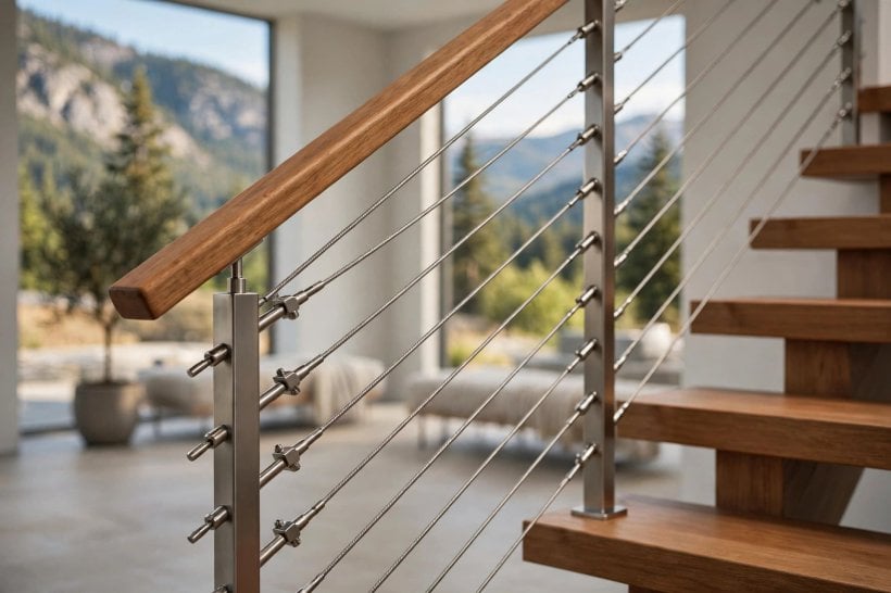 staircase railing: warm oak handrail with painted white balusters on a bright traditional staircase