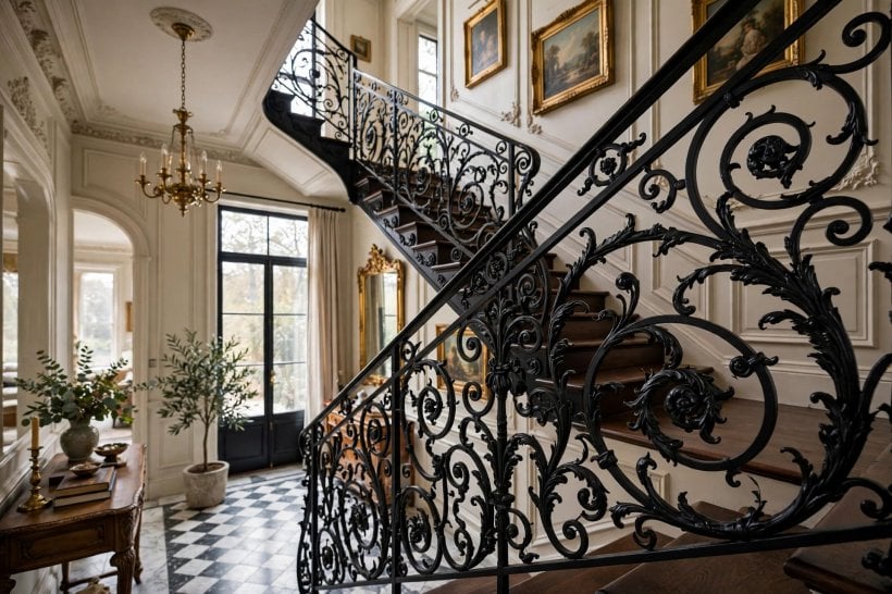 staircase railing: frameless glass balustrade with an oak handrail keeping a bright hall open