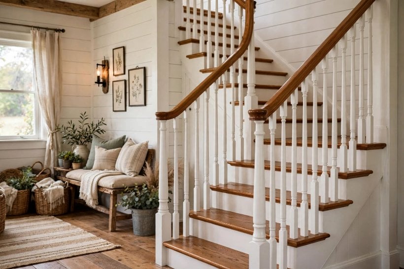 staircase railing: horizontal stainless cable railing with slim posts and a broad timber top rail