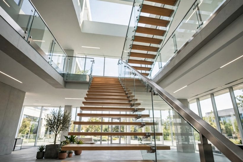staircase railing: mixed design with a stained oak handrail, black steel balusters and a glass panel at the turn