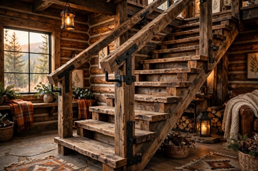 staircase railing: substantial oak newel post with a smooth cap where the handrail meets the landing