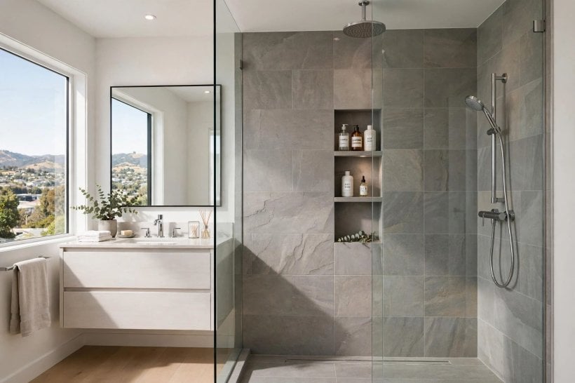 standing shower designs: compact corner enclosure with a clear screen