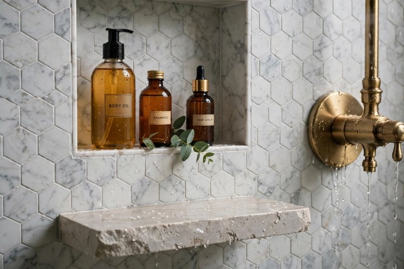 standing shower designs: frameless glass screen with black framing