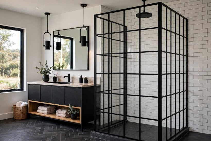 standing shower designs: ceiling rainfall head with a handheld on a rail