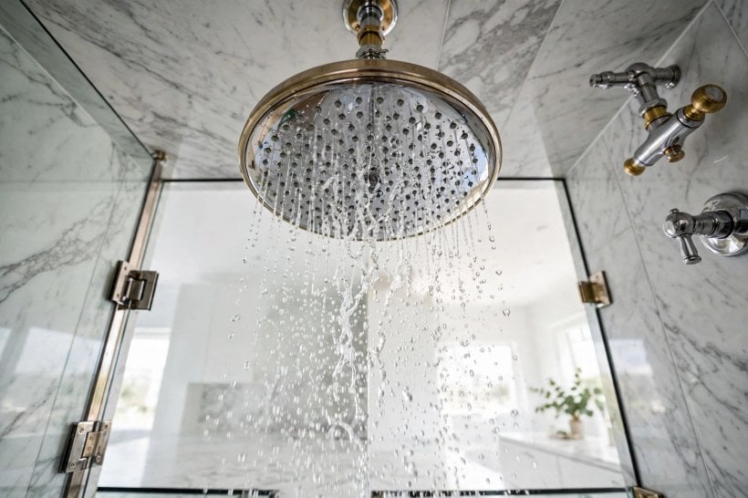 standing shower designs: large-format tiles with a contrasting grout line