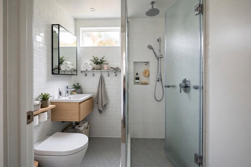 standing shower designs: tiled niche and bench inside a walk-in enclosure