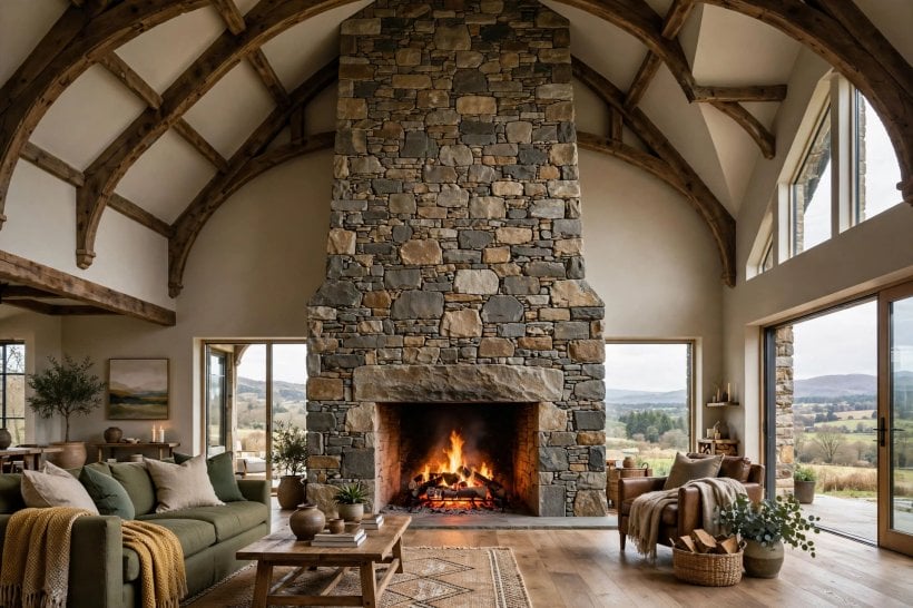 stone fireplace: a floor-to-ceiling surround in a high-ceilinged sitting room