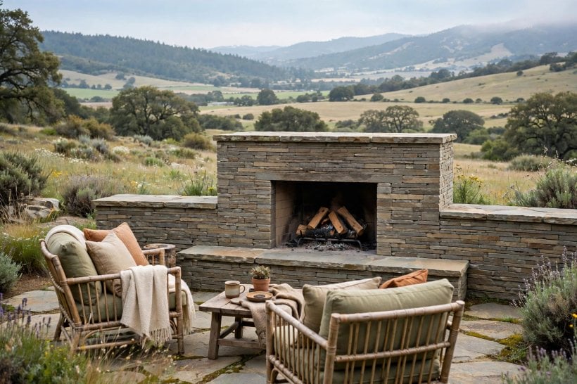 stone fireplace: rounded river rock surround with a timber mantel
