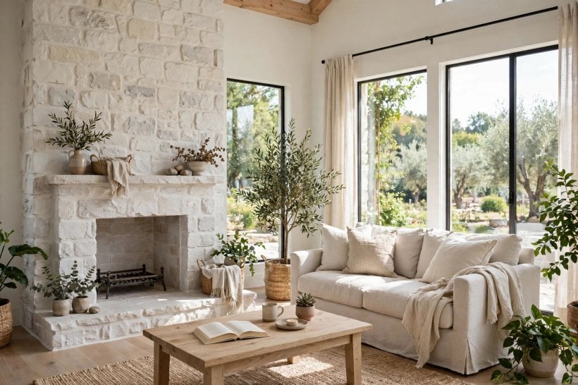 stone fireplace: a chunky reclaimed timber mantel styled with candles