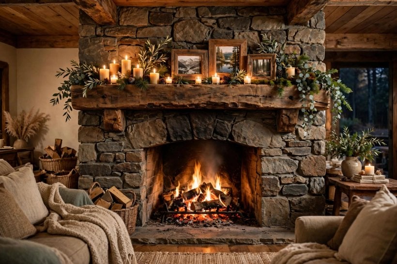stone fireplace: a raised slab hearth used as extra seating